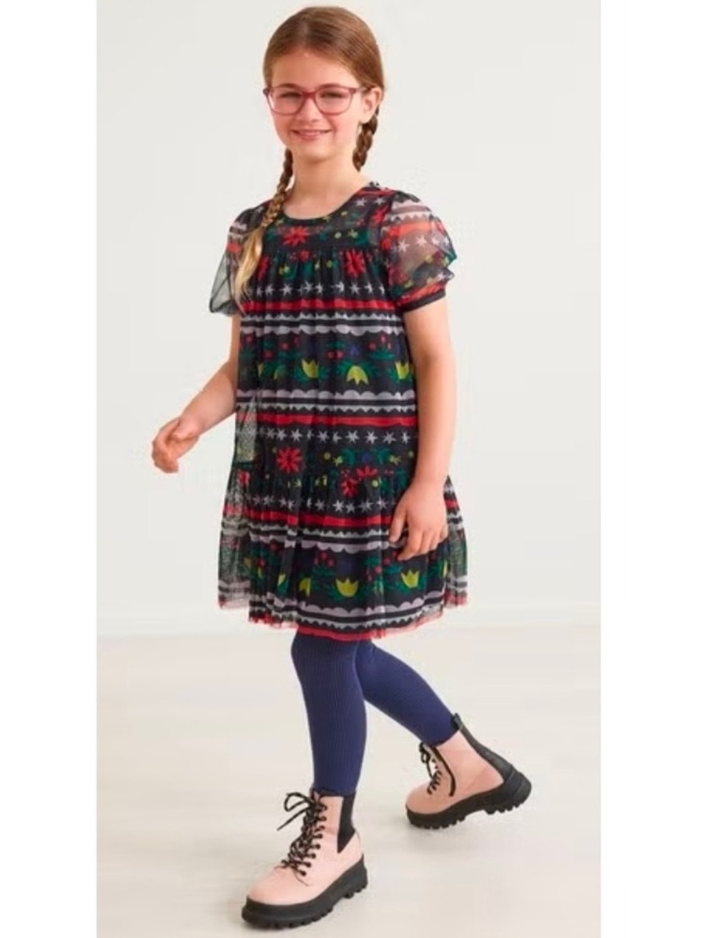 Hanna Andersson Girls' Black Floral Mesh Dress with Bright Pattern